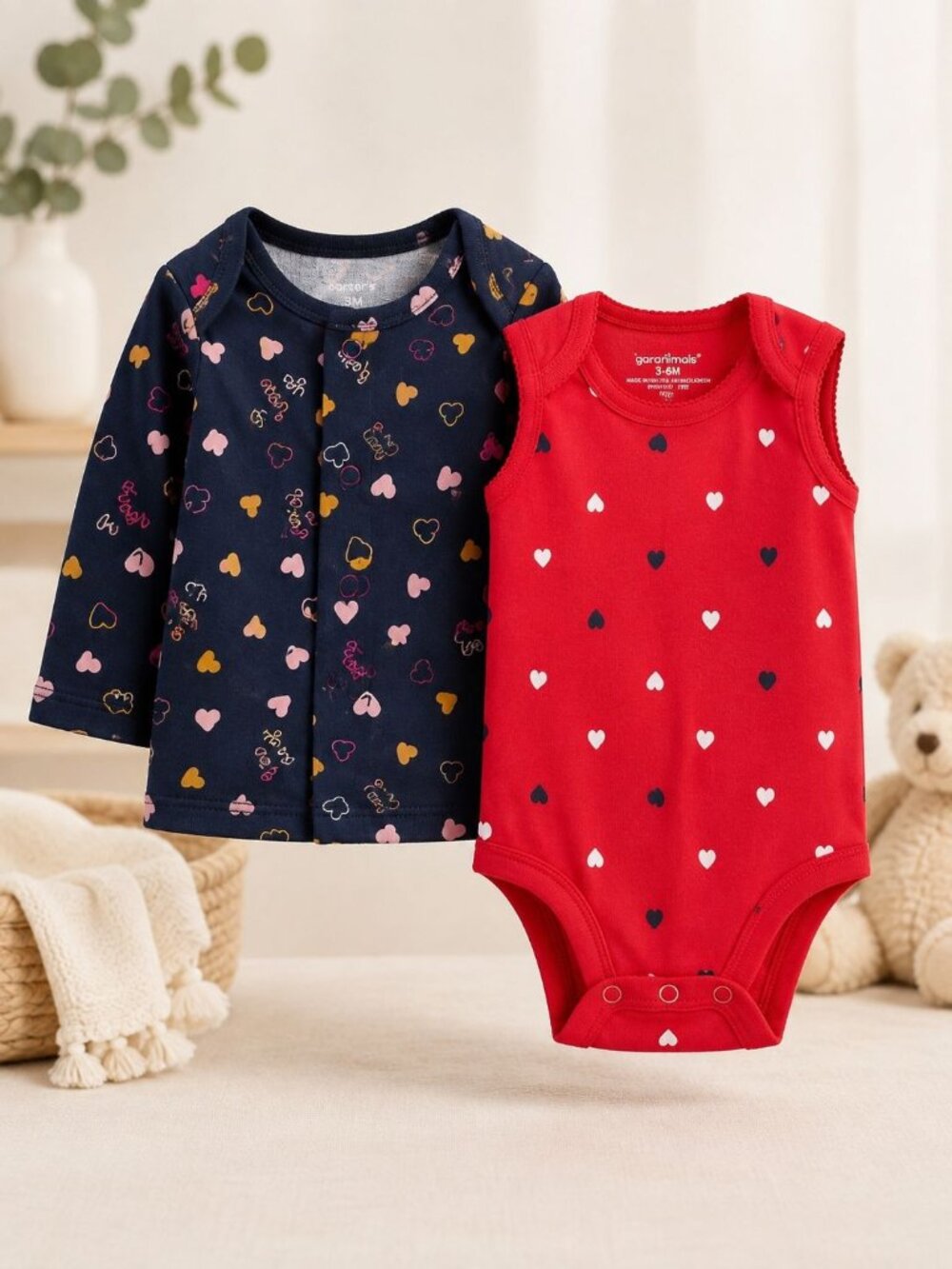 Garanimals Baby 2-Piece Outfit Set Heart Print Top & Bodysuit 3-6M Navy & Red